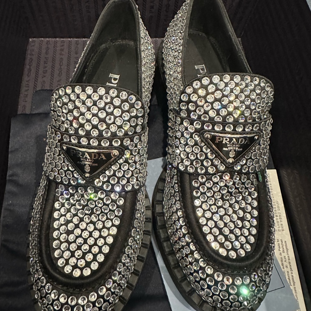 Prada crystal embellishments moccasin size 5 brand new